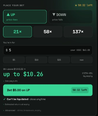 The buy panel: UP/DOWN, leverage tiles, premium, and up-to payout