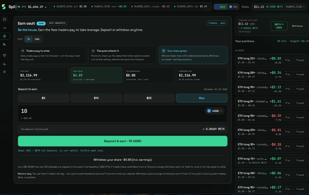 The Earn vault: pool size, your value, premiums collected, and deposit tiles