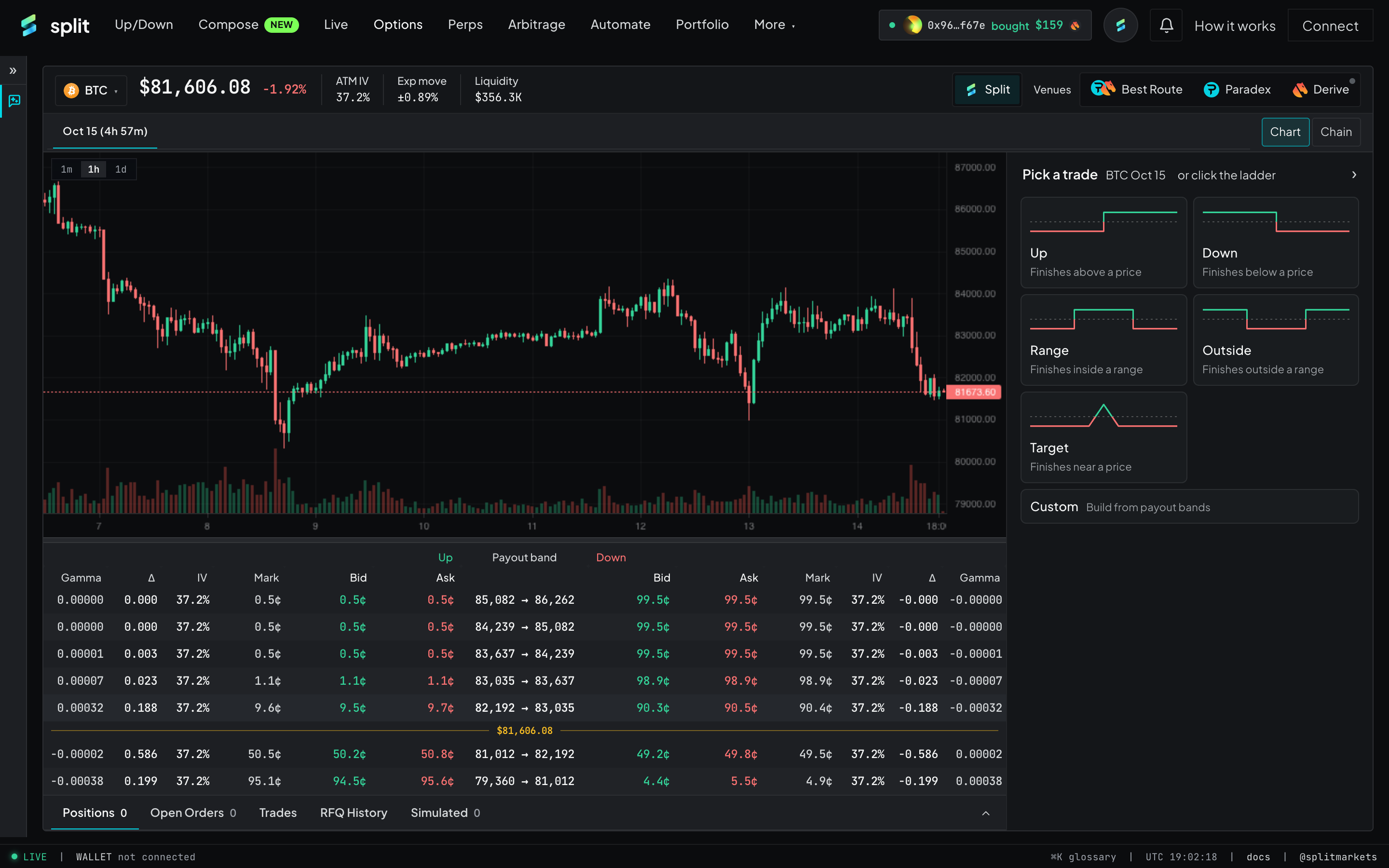 Options desk for BTC: venue strip, candle chart, Split payout-band chain with Up and Down bid, ask, mark, IV and greeks, and the Pick a trade cards