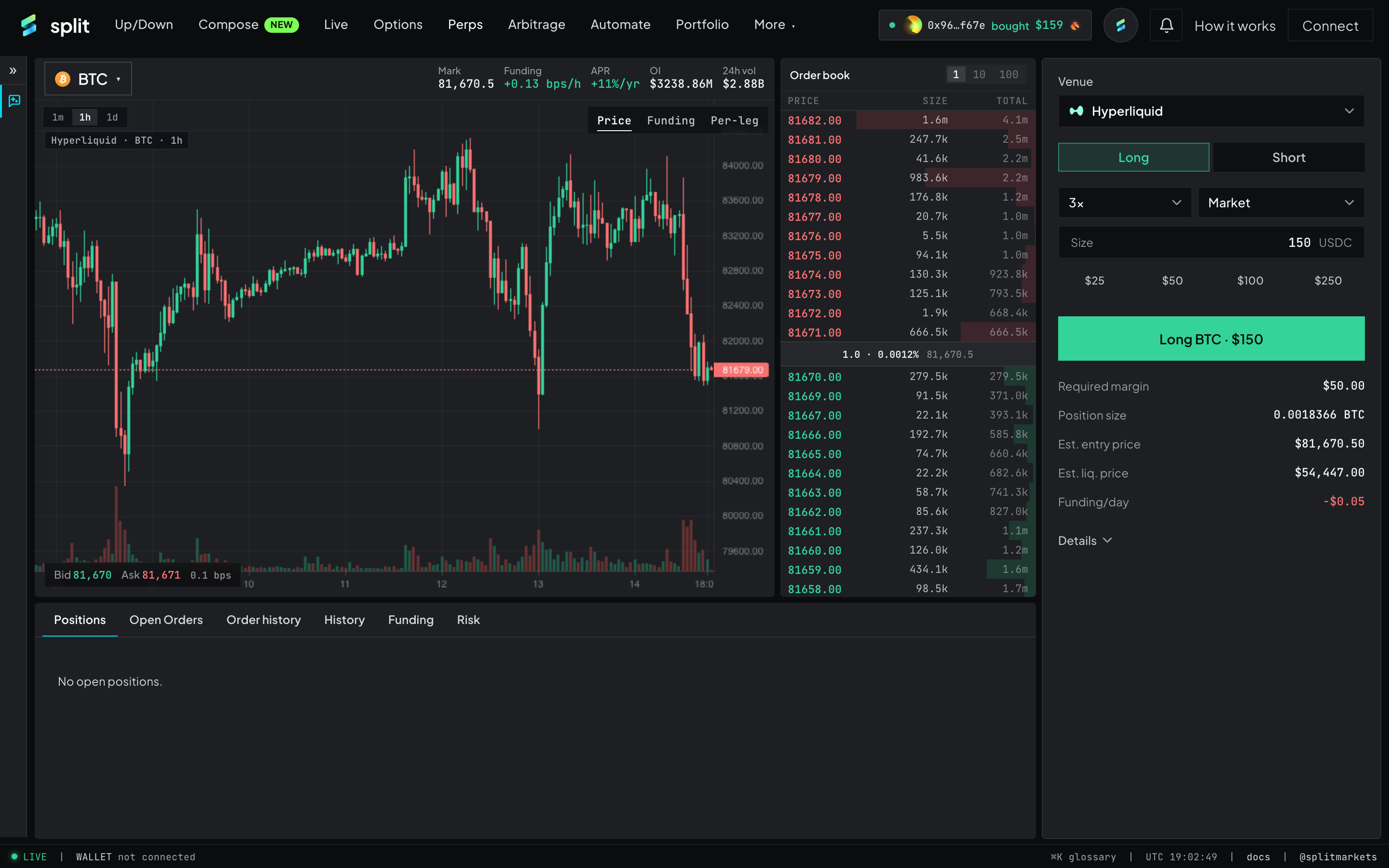 Perps: BTC on Hyperliquid with chart, order book and the Long/Short ticket