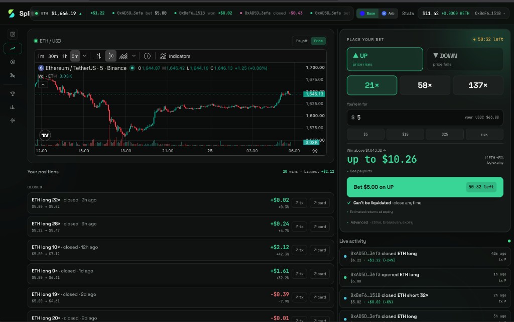 The Split app: ETH chart with UP/DOWN leverage tiles and live positions