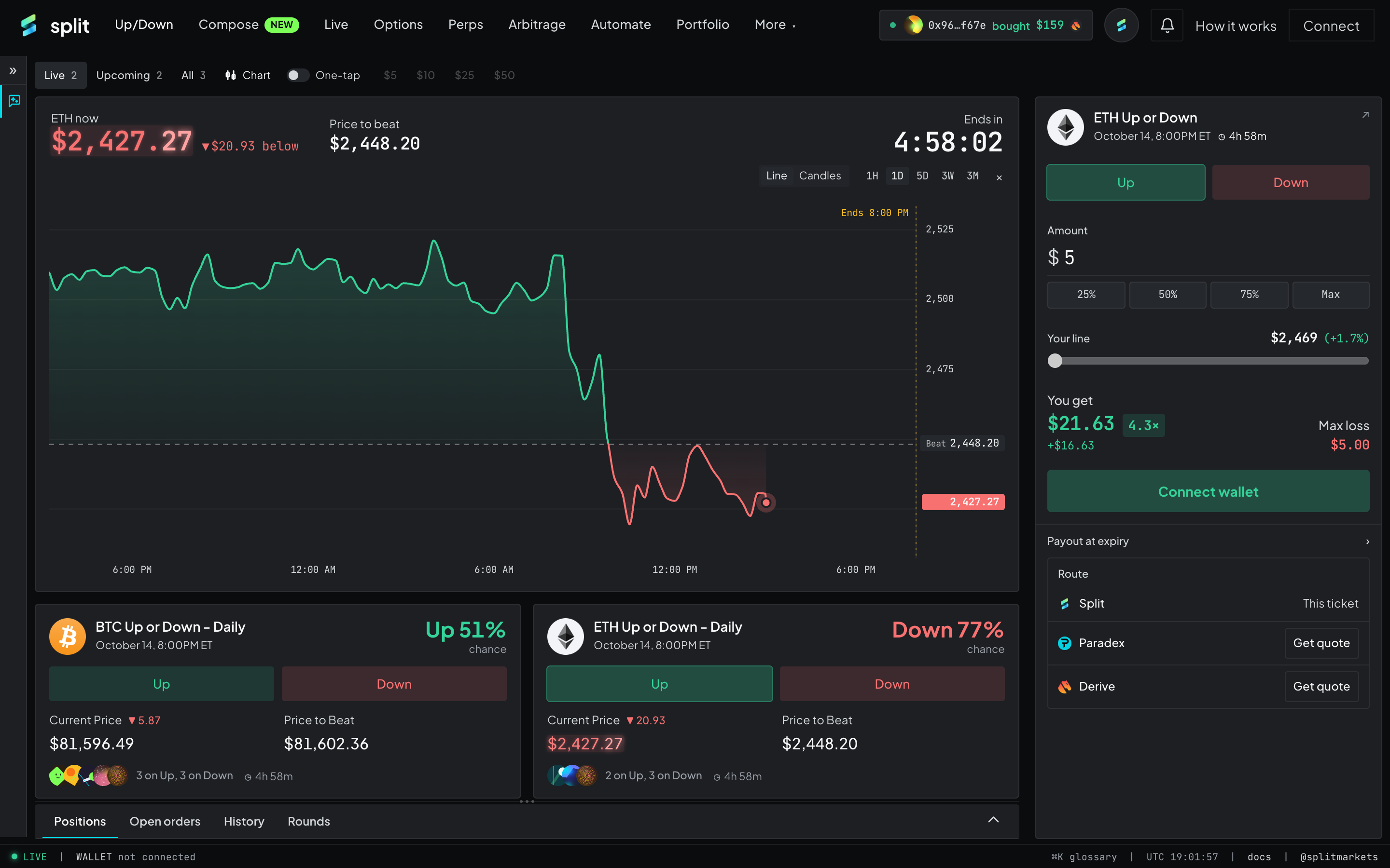 Up/Down: ETH round with live chart, Price to Beat and countdown, BTC and ETH daily cards, and the ticket with routes across Split, Paradex and Derive