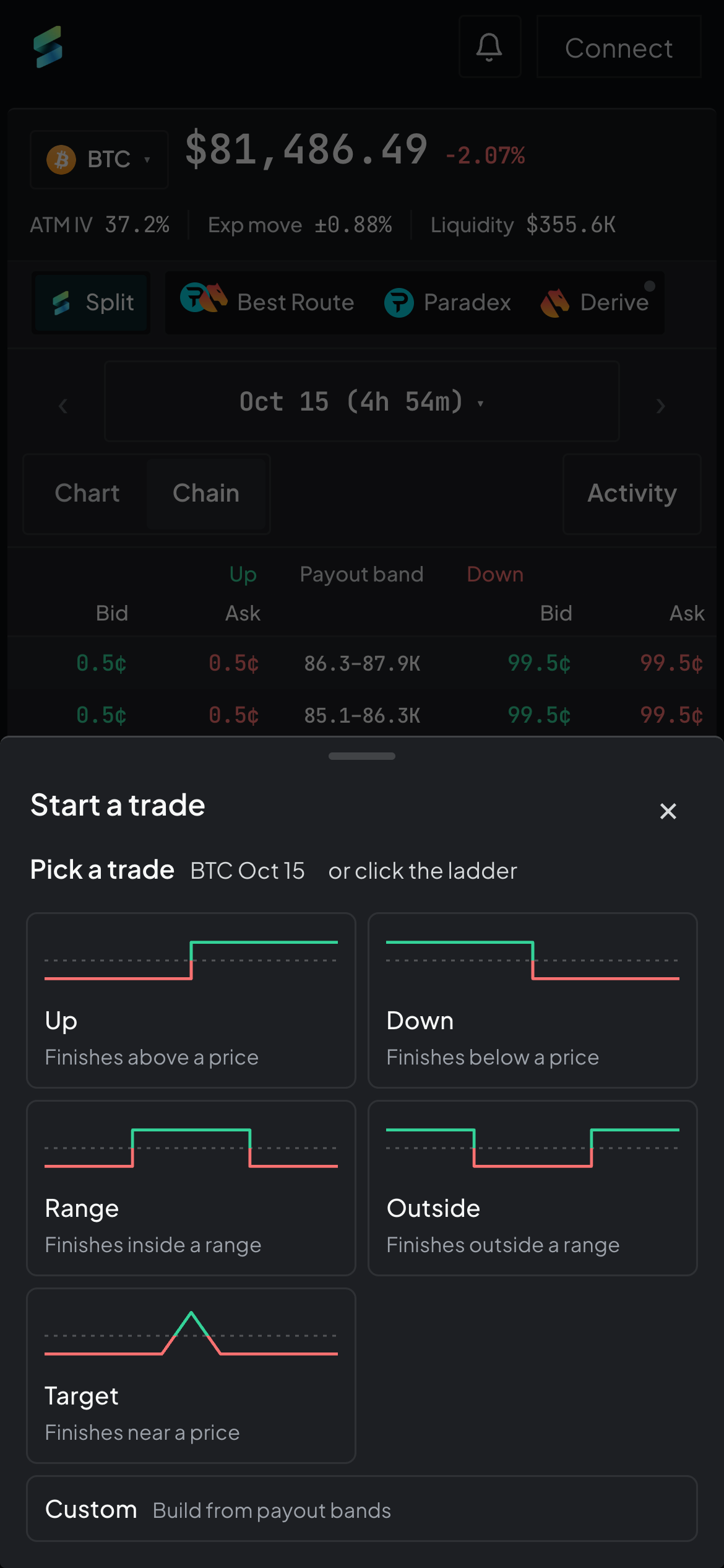 Phone options step 2: Start a trade with Up, Down, Range, Outside, Target, Custom