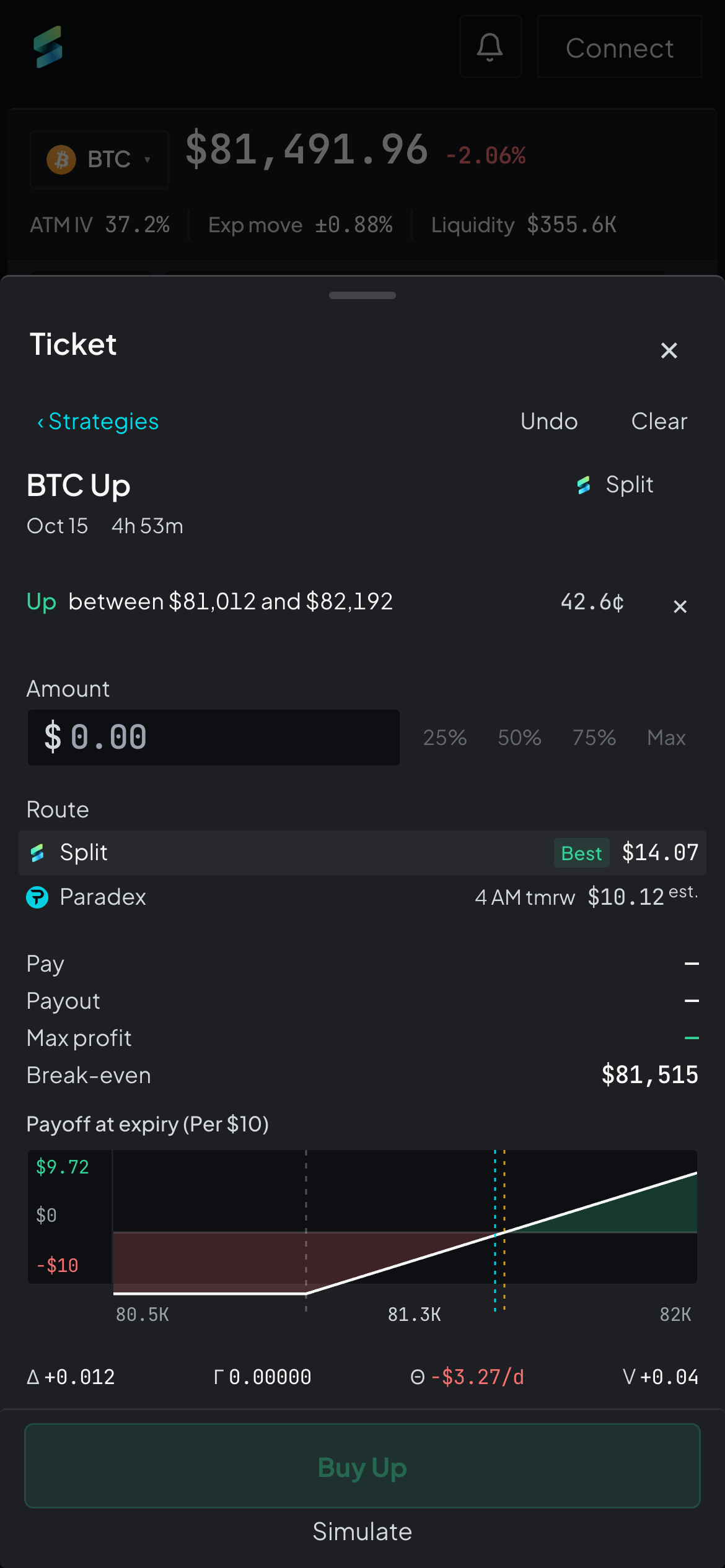 Phone options step 3: BTC Up ticket with amount, route, payoff chart and greeks